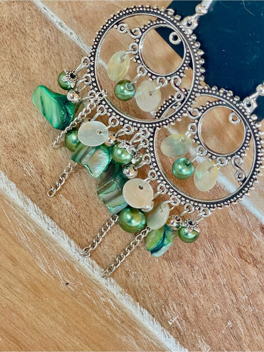 Beaded Boho Silver-Tone Hoop Earrings with Green Shell & Pearl Accents